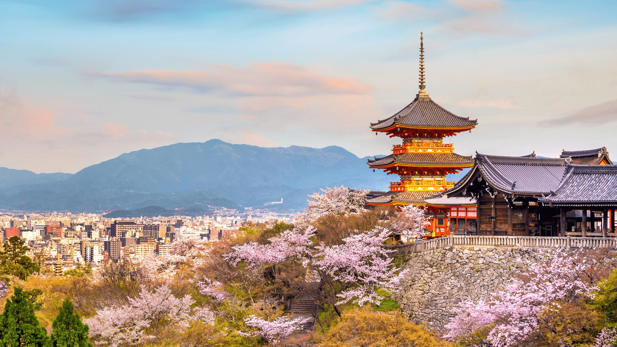 Ancient temple in Kyoto surrounded by cherry blossoms